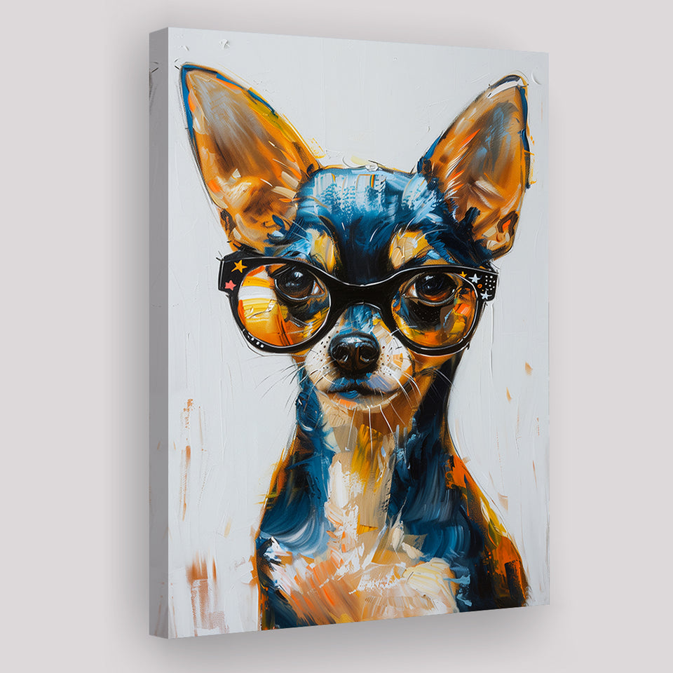 Cute Chihuahua Wearing Glasses Portrait Painting, Pet Art V2, Canvas Painting, Canvas Prints Wall Art Decor