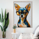 Cute Chihuahua Wearing Glasses Portrait Painting, Pet Art V2, Framed Canvas Painting, Framed Canvas Prints Wall Art Decor