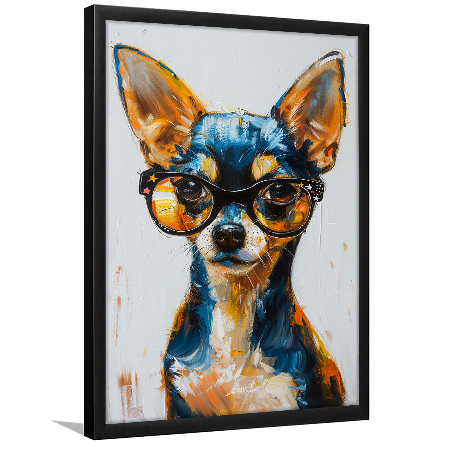 Cute Chihuahua Wearing Glasses Portrait Painting, Pet Art V2, Framed Art Print Wall Decor, Framed Picture