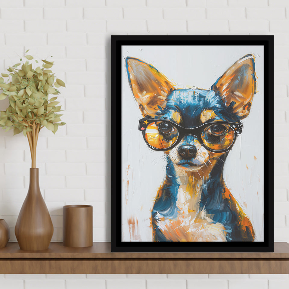 Cute Chihuahua Wearing Glasses Portrait Painting, Pet Art V2, Framed Canvas Painting, Framed Canvas Prints Wall Art Decor