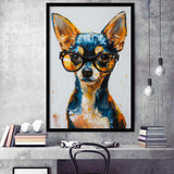 Cute Chihuahua Wearing Glasses Portrait Painting, Pet Art V2, Framed Art Print Wall Decor, Framed Picture