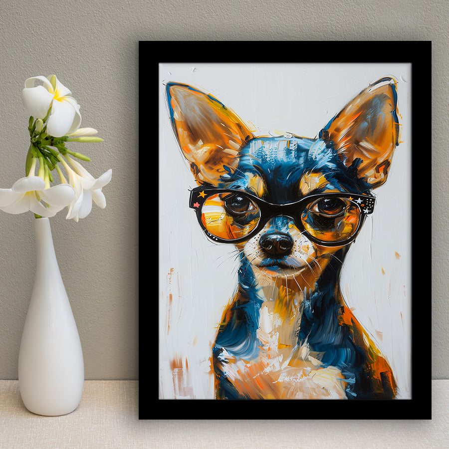 Cute Chihuahua Wearing Glasses Portrait Painting, Pet Art V2, Framed Art Print Wall Decor, Framed Picture