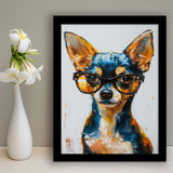 Cute Chihuahua Wearing Glasses Portrait Painting, Pet Art V2, Framed Art Print Wall Decor, Framed Picture