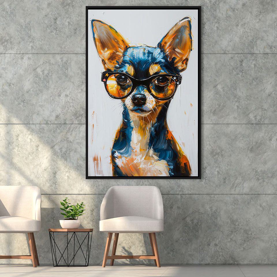 Cute Chihuahua Wearing Glasses Portrait Painting, Pet Art V2, Framed Canvas Painting, Framed Canvas Prints Wall Art Decor