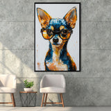 Cute Chihuahua Wearing Glasses Portrait Painting, Pet Art V2, Framed Canvas Painting, Framed Canvas Prints Wall Art Decor