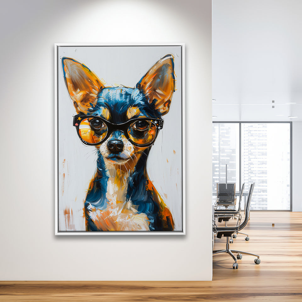Cute Chihuahua Wearing Glasses Portrait Painting, Pet Art V2, Framed Canvas Painting, Framed Canvas Prints Wall Art Decor
