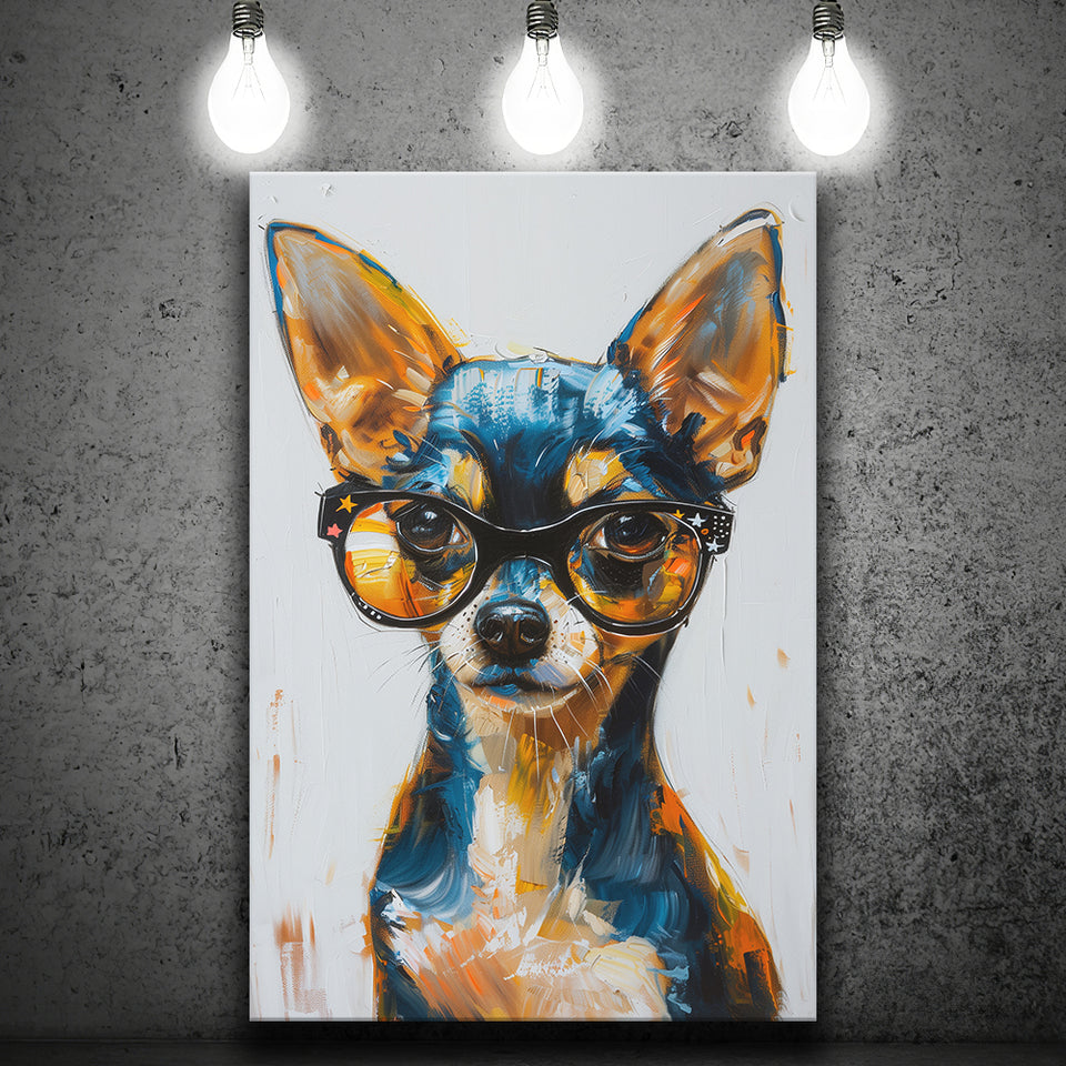 Cute Chihuahua Wearing Glasses Portrait Painting, Pet Art V2, Canvas Painting, Canvas Prints Wall Art Decor