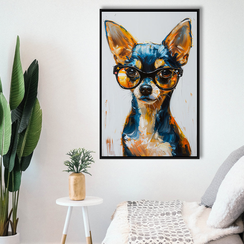 Cute Chihuahua Wearing Glasses Portrait Painting, Pet Art V2, Framed Canvas Painting, Framed Canvas Prints Wall Art Decor