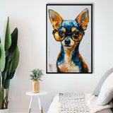 Cute Chihuahua Wearing Glasses Portrait Painting, Pet Art V2, Framed Canvas Painting, Framed Canvas Prints Wall Art Decor