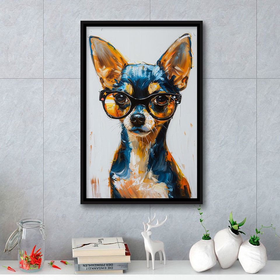 Cute Chihuahua Wearing Glasses Portrait Painting, Pet Art V2, Framed Canvas Painting, Framed Canvas Prints Wall Art Decor