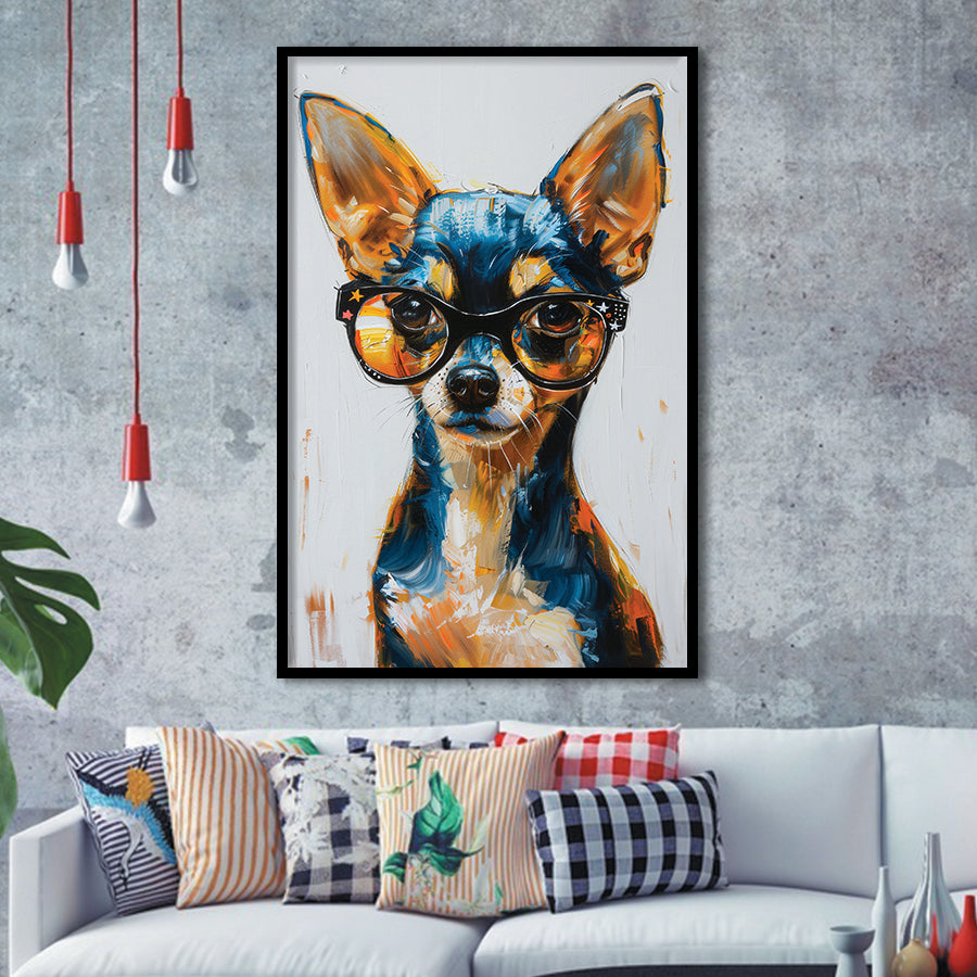 Cute Chihuahua Wearing Glasses Portrait Painting, Pet Art V2, Framed Art Print Wall Decor, Framed Picture