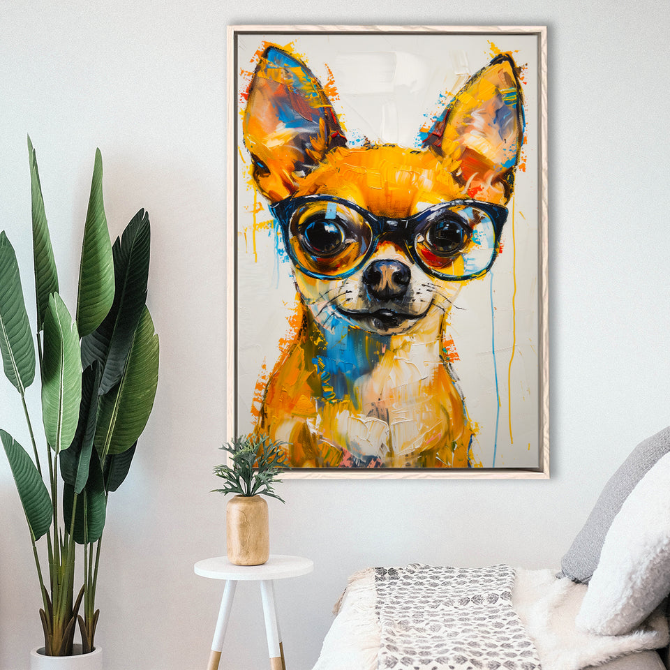 Cute Chihuahua Wearing Glasses Portrait Painting V3, Framed Canvas Painting, Framed Canvas Prints Wall Art Decor