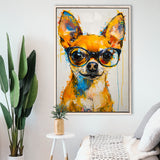 Cute Chihuahua Wearing Glasses Portrait Painting V3, Framed Canvas Painting, Framed Canvas Prints Wall Art Decor