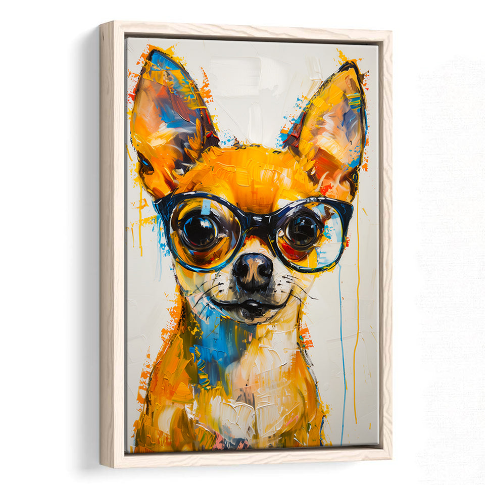 Cute Chihuahua Wearing Glasses Portrait Painting V3, Framed Canvas Painting, Framed Canvas Prints Wall Art Decor