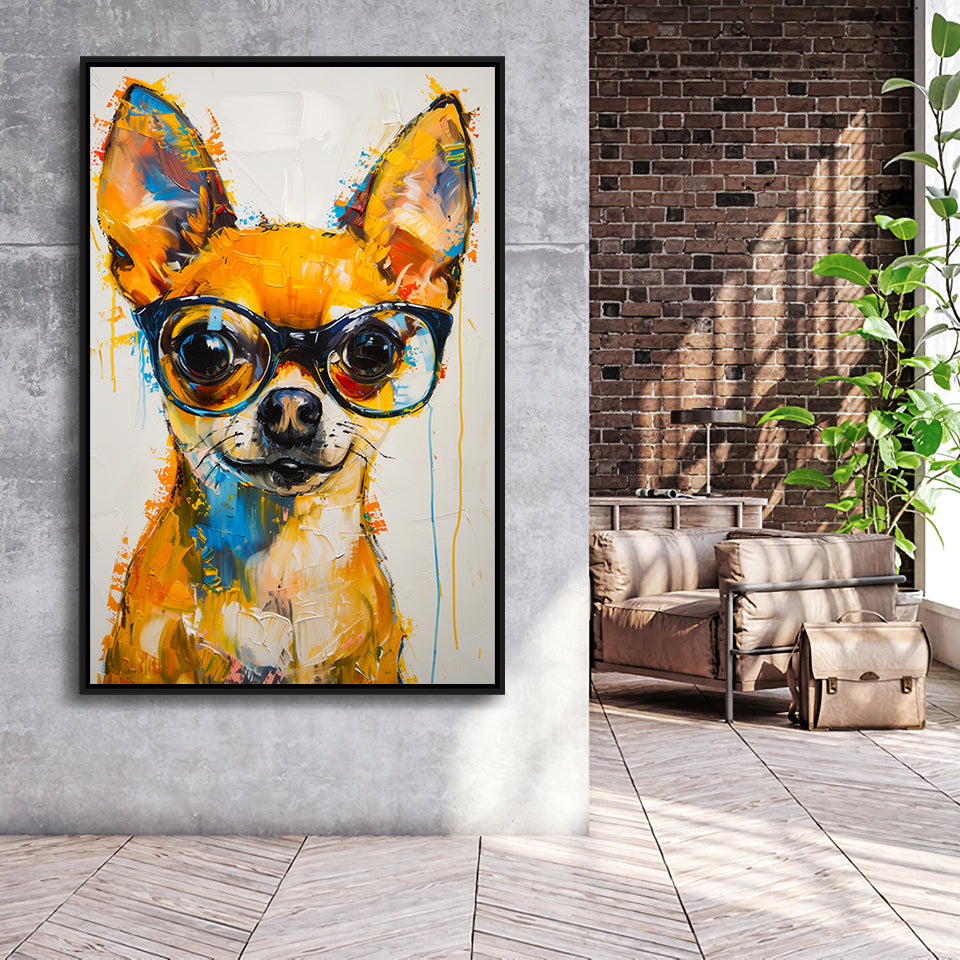 Cute Chihuahua Wearing Glasses Portrait Painting V3, Framed Canvas Painting, Framed Canvas Prints Wall Art Decor