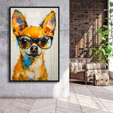 Cute Chihuahua Wearing Glasses Portrait Painting V3, Framed Canvas Painting, Framed Canvas Prints Wall Art Decor