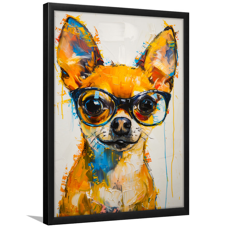 Cute Chihuahua Wearing Glasses Portrait Painting V3, Framed Art Print Wall Decor, Framed Picture