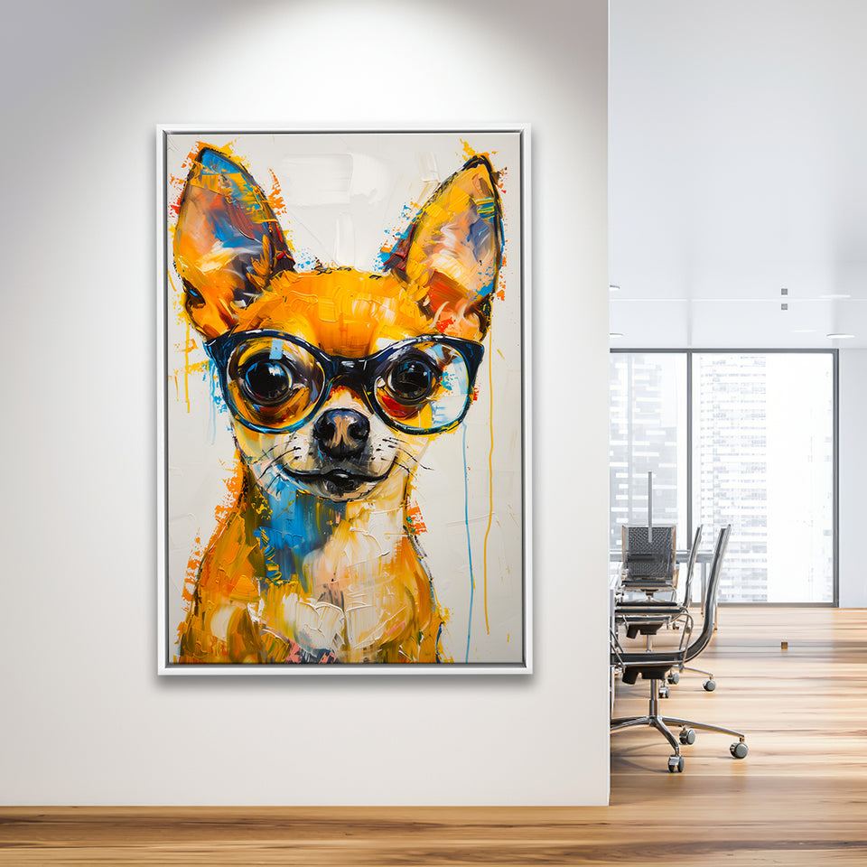 Cute Chihuahua Wearing Glasses Portrait Painting V3, Framed Canvas Painting, Framed Canvas Prints Wall Art Decor