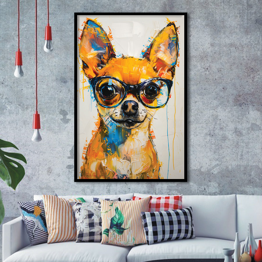 Cute Chihuahua Wearing Glasses Portrait Painting V3, Framed Art Print Wall Decor, Framed Picture