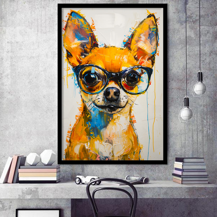 Cute Chihuahua Wearing Glasses Portrait Painting V3, Framed Art Print Wall Decor, Framed Picture
