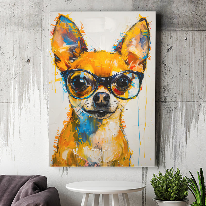 Cute Chihuahua Wearing Glasses Portrait Painting V3, Canvas Painting, Canvas Prints Wall Art Decor