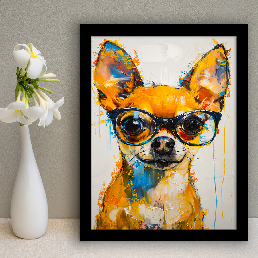 Cute Chihuahua Wearing Glasses Portrait Painting V3, Framed Art Print Wall Decor, Framed Picture