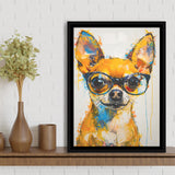 Cute Chihuahua Wearing Glasses Portrait Painting V3, Framed Canvas Painting, Framed Canvas Prints Wall Art Decor