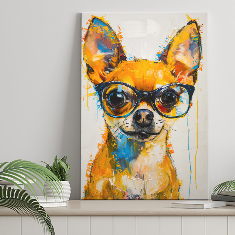 Cute Chihuahua Wearing Glasses Portrait Painting V3, Canvas Painting, Canvas Prints Wall Art Decor
