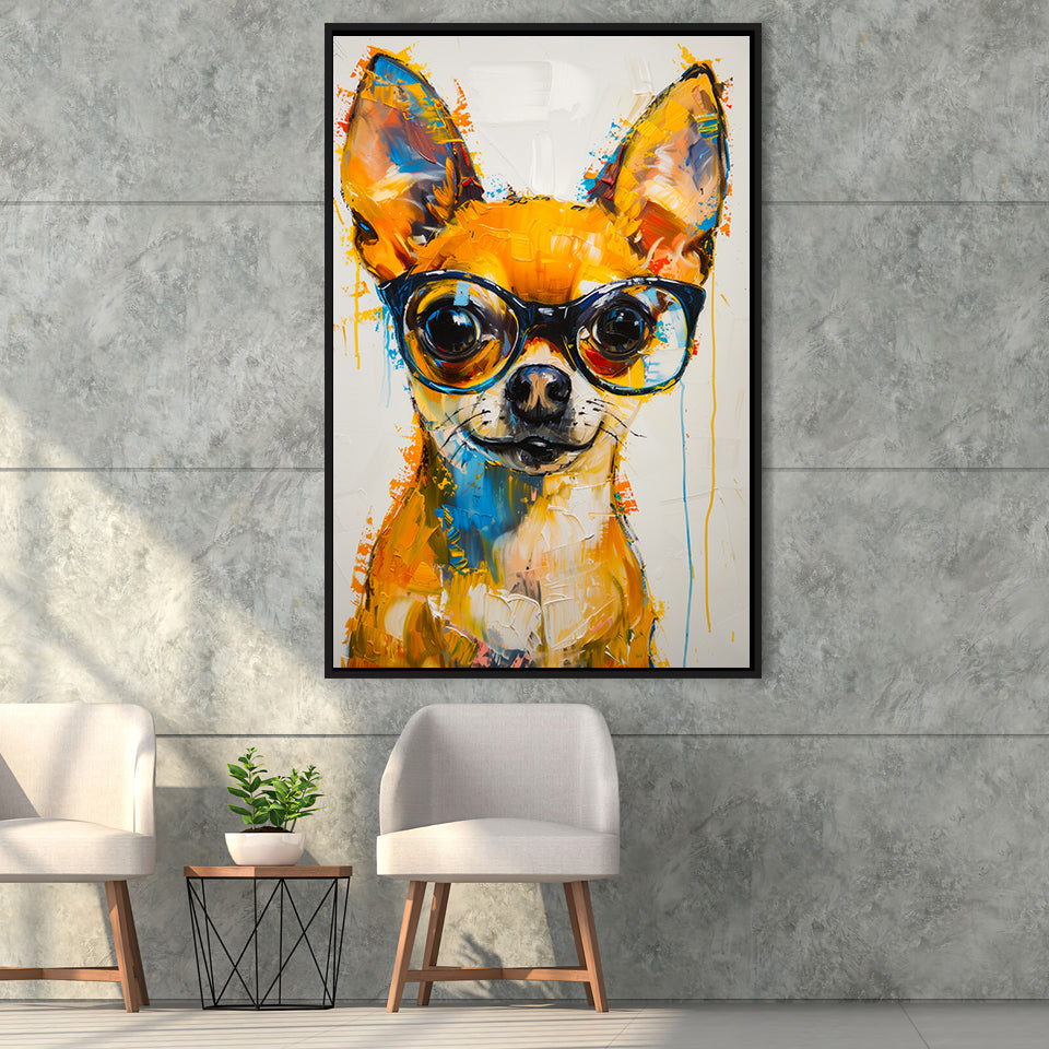 Cute Chihuahua Wearing Glasses Portrait Painting V3, Framed Canvas Painting, Framed Canvas Prints Wall Art Decor