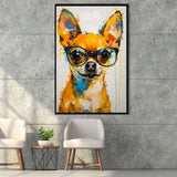 Cute Chihuahua Wearing Glasses Portrait Painting V3, Framed Canvas Painting, Framed Canvas Prints Wall Art Decor