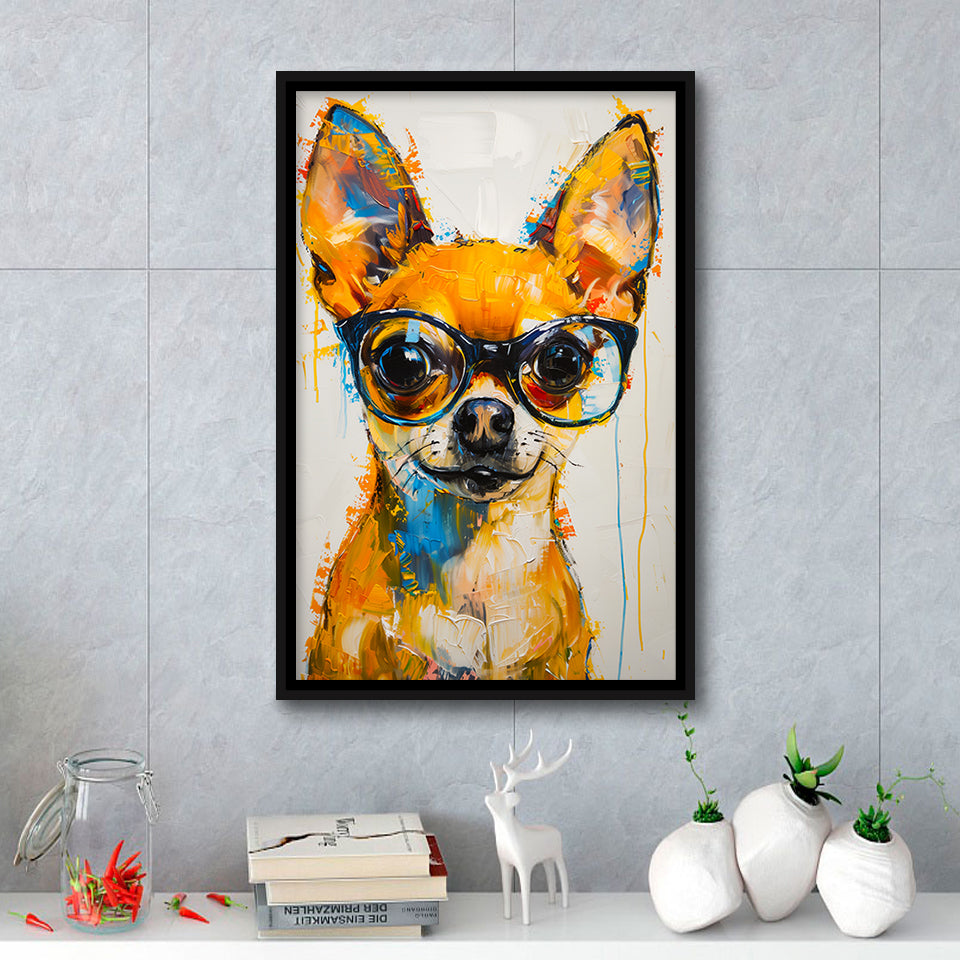 Cute Chihuahua Wearing Glasses Portrait Painting V3, Framed Canvas Painting, Framed Canvas Prints Wall Art Decor