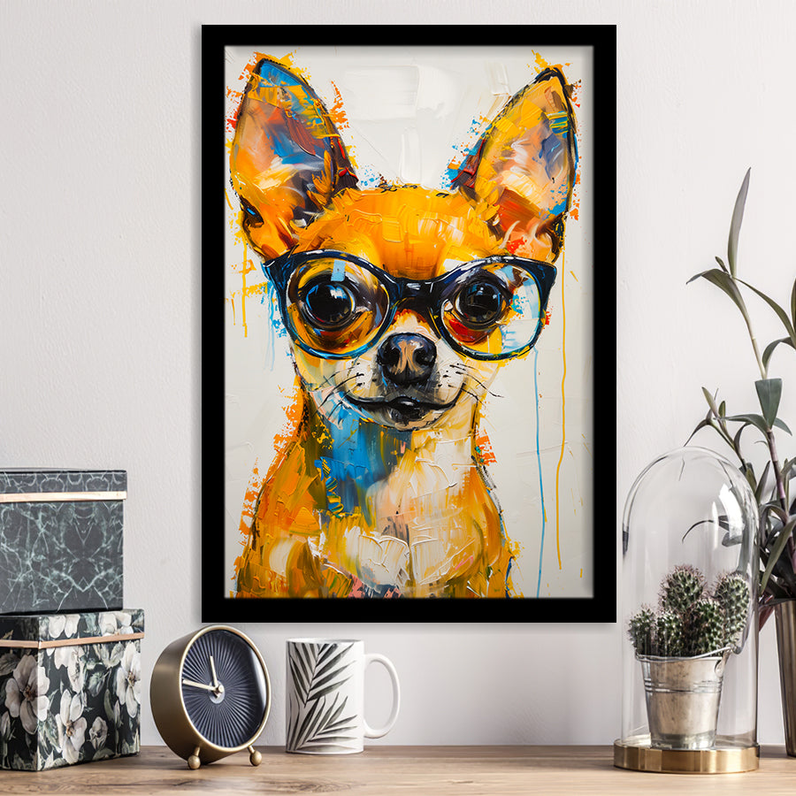 Cute Chihuahua Wearing Glasses Portrait Painting V3, Framed Art Print Wall Decor, Framed Picture