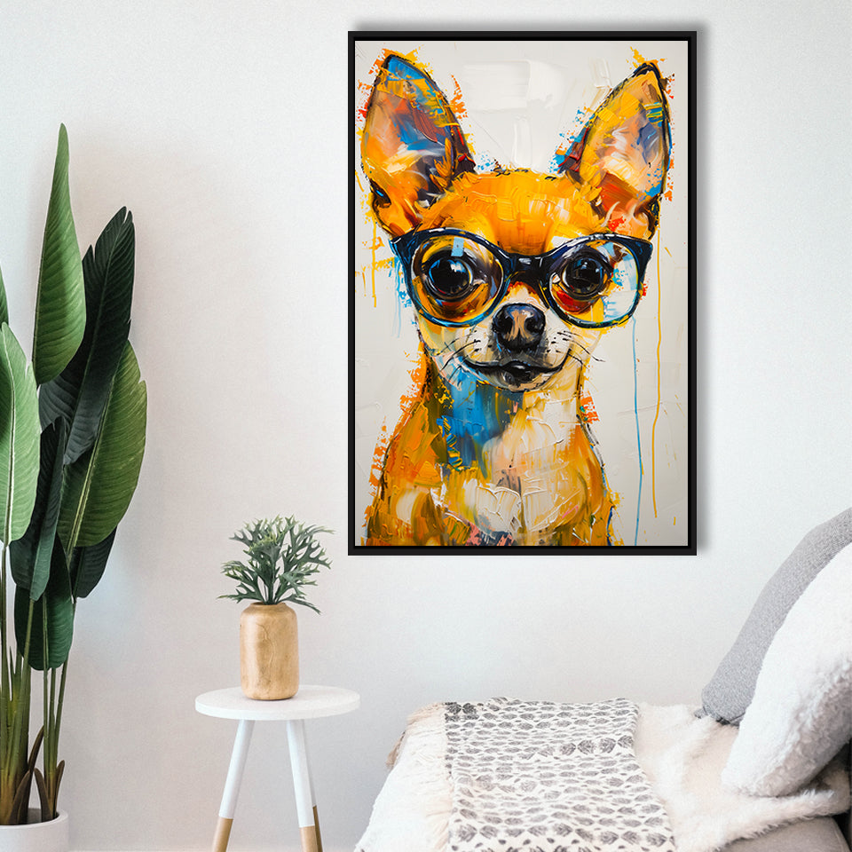 Cute Chihuahua Wearing Glasses Portrait Painting V3, Framed Canvas Painting, Framed Canvas Prints Wall Art Decor