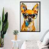Cute Chihuahua Wearing Glasses Portrait Painting V3, Framed Canvas Painting, Framed Canvas Prints Wall Art Decor