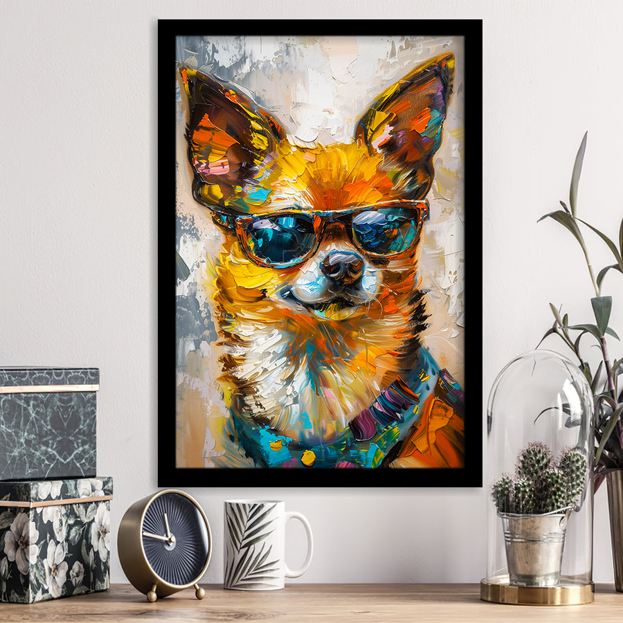 Cute Chihuahua Wearing Glasses Portrait, Pet Art Painting V4, Framed Art Print Wall Decor, Framed Picture