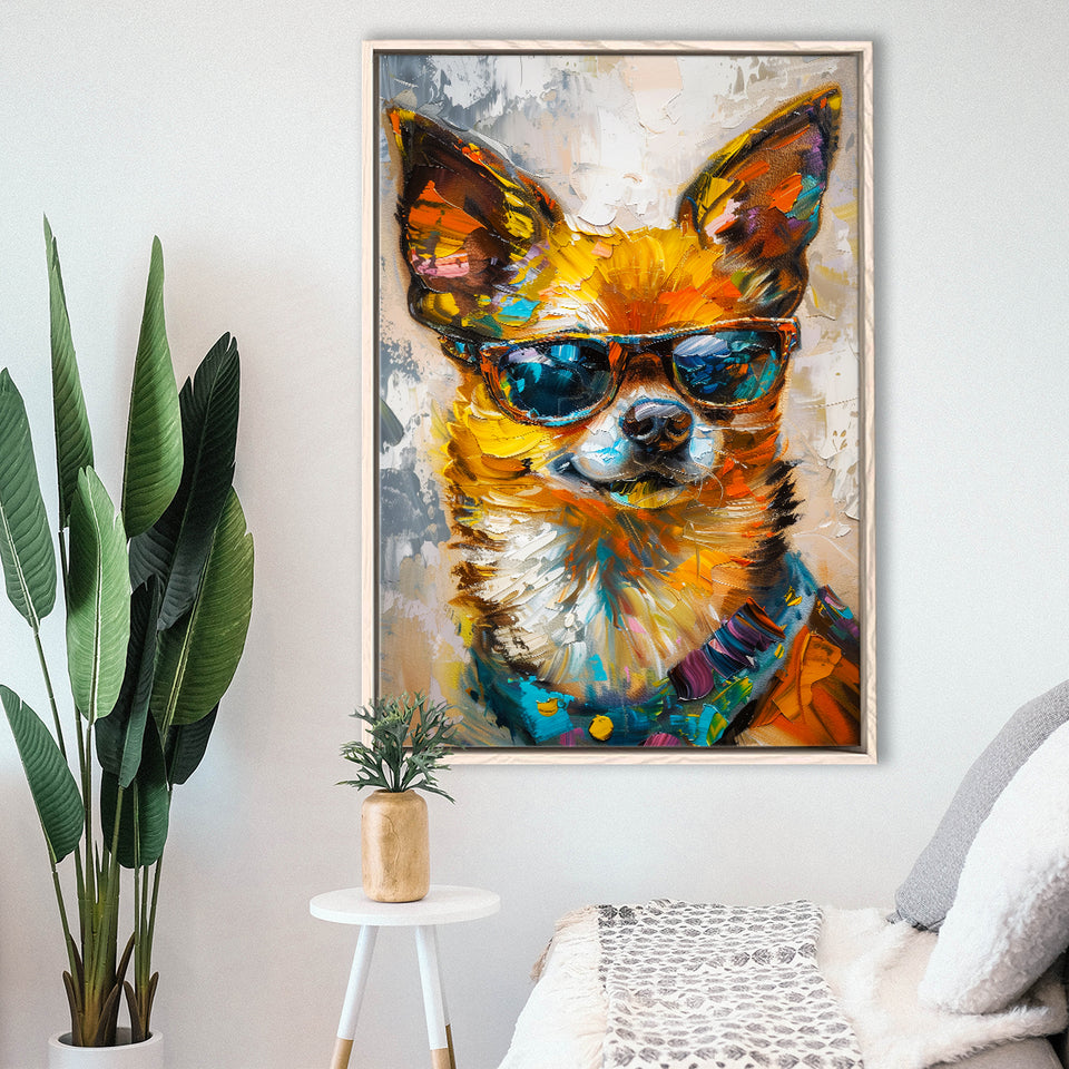 Cute Chihuahua Wearing Glasses Portrait, Pet Art Painting V4, Framed Canvas Painting, Framed Canvas Prints Wall Art Decor