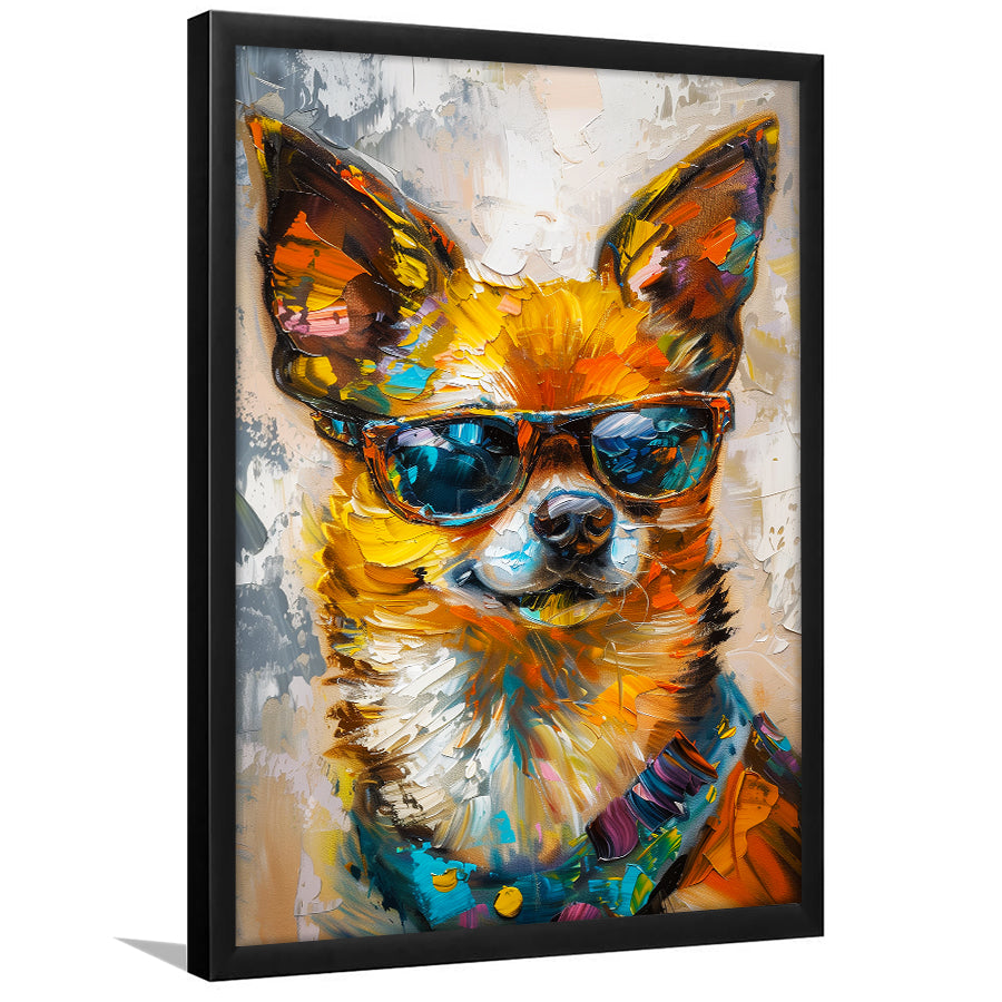 Cute Chihuahua Wearing Glasses Portrait, Pet Art Painting V4, Framed Art Print Wall Decor, Framed Picture