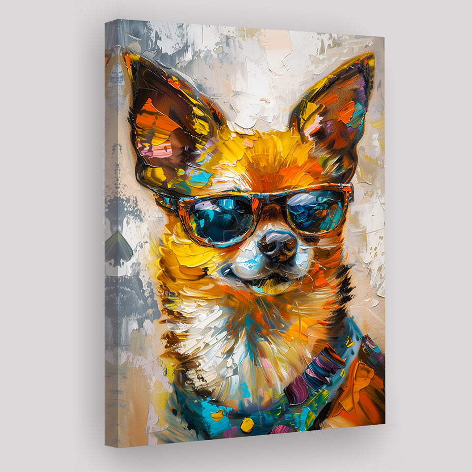 Cute Chihuahua Wearing Glasses Portrait, Pet Art Painting V4, Canvas Painting, Canvas Prints Wall Art Decor