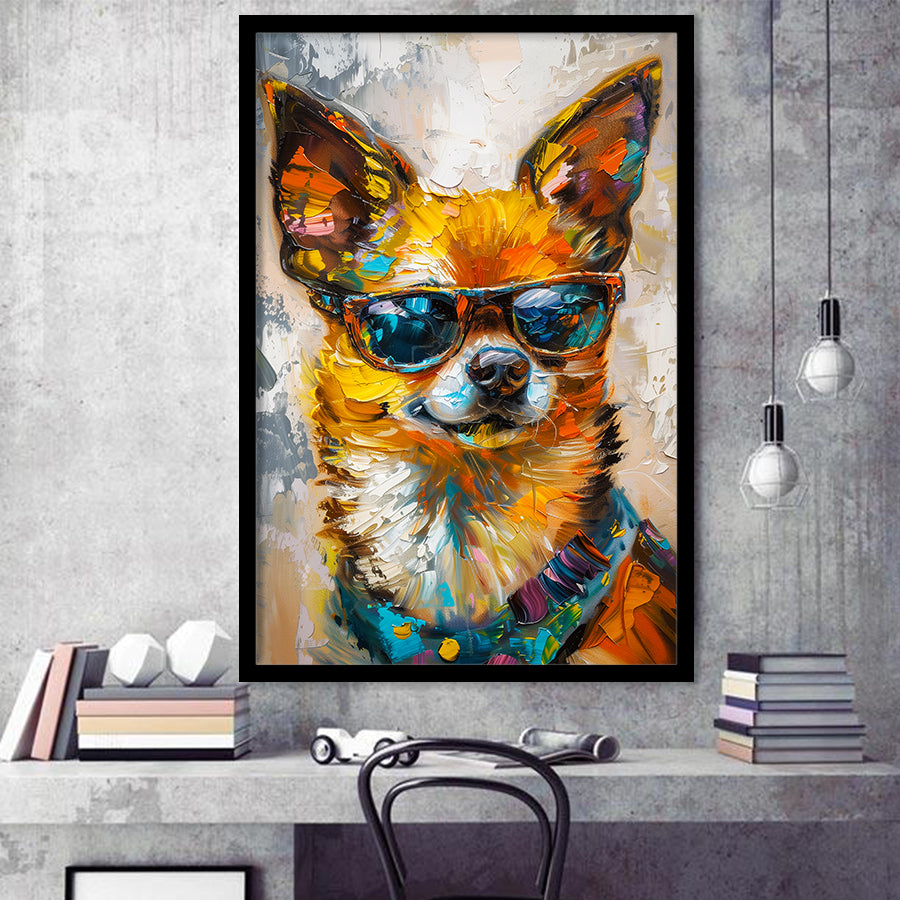 Cute Chihuahua Wearing Glasses Portrait, Pet Art Painting V4, Framed Art Print Wall Decor, Framed Picture