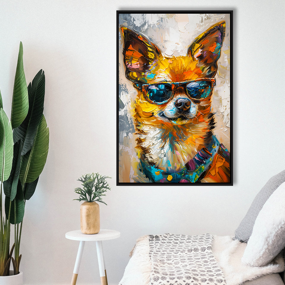 Cute Chihuahua Wearing Glasses Portrait, Pet Art Painting V4, Framed Canvas Painting, Framed Canvas Prints Wall Art Decor
