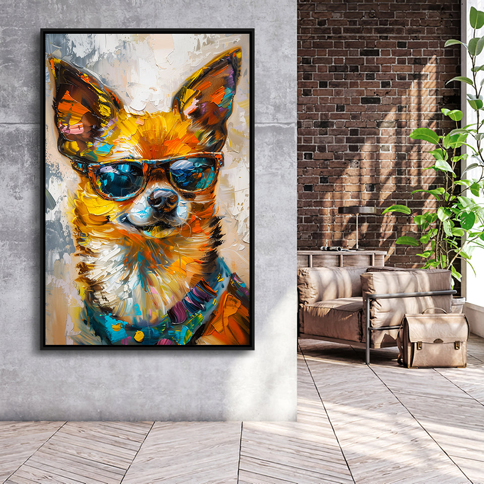 Cute Chihuahua Wearing Glasses Portrait, Pet Art Painting V4, Framed Canvas Painting, Framed Canvas Prints Wall Art Decor