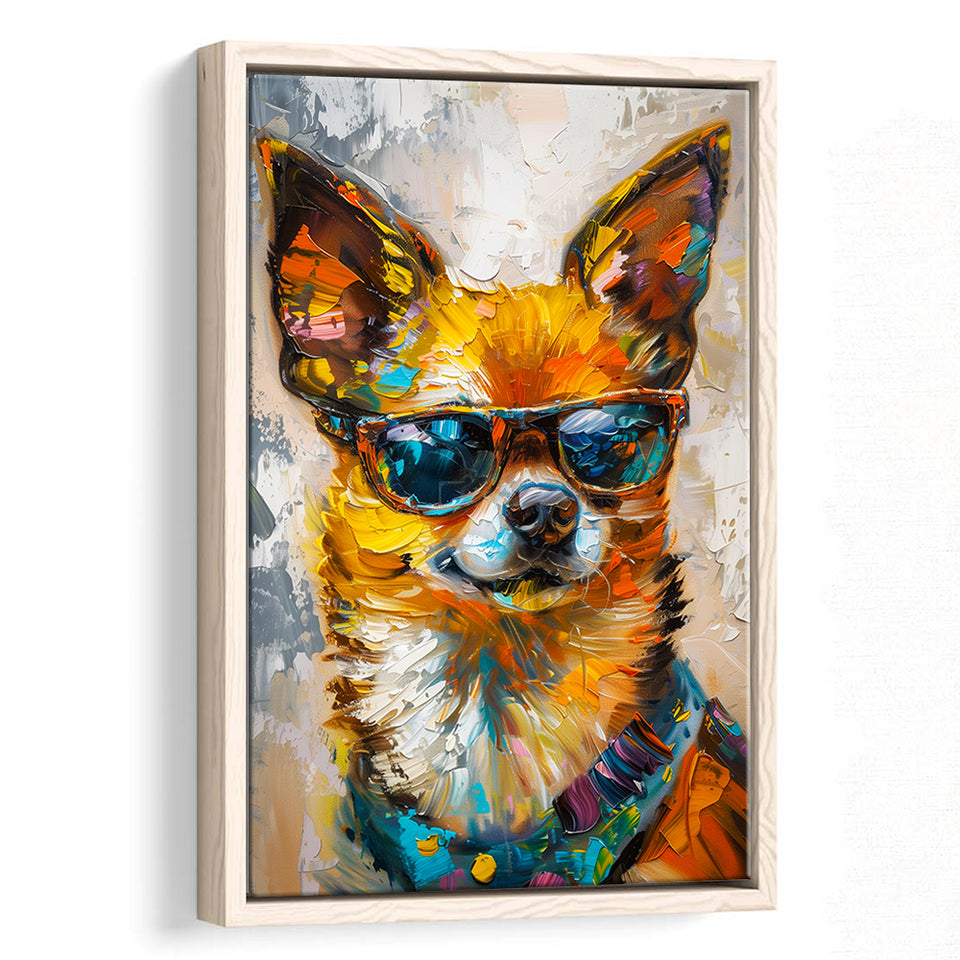 Cute Chihuahua Wearing Glasses Portrait, Pet Art Painting V4, Framed Canvas Painting, Framed Canvas Prints Wall Art Decor