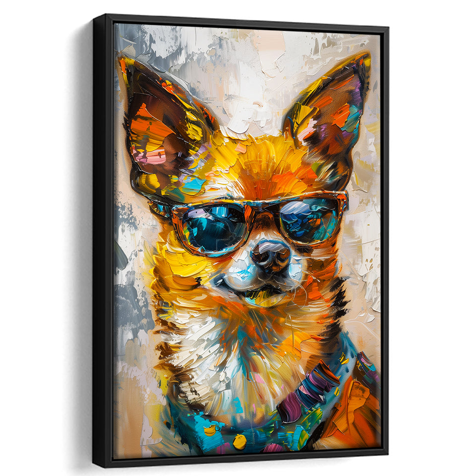 Cute Chihuahua Wearing Glasses Portrait, Pet Art Painting V4, Framed Canvas Painting, Framed Canvas Prints Wall Art Decor