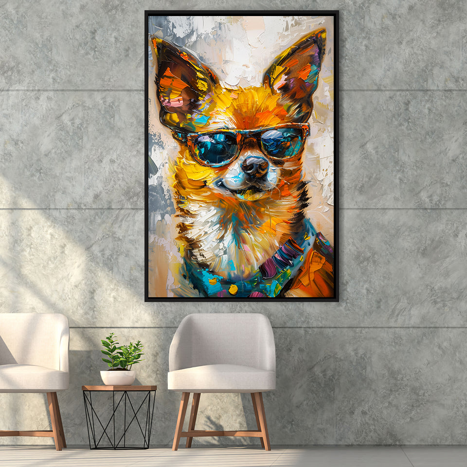 Cute Chihuahua Wearing Glasses Portrait, Pet Art Painting V4, Framed Canvas Painting, Framed Canvas Prints Wall Art Decor