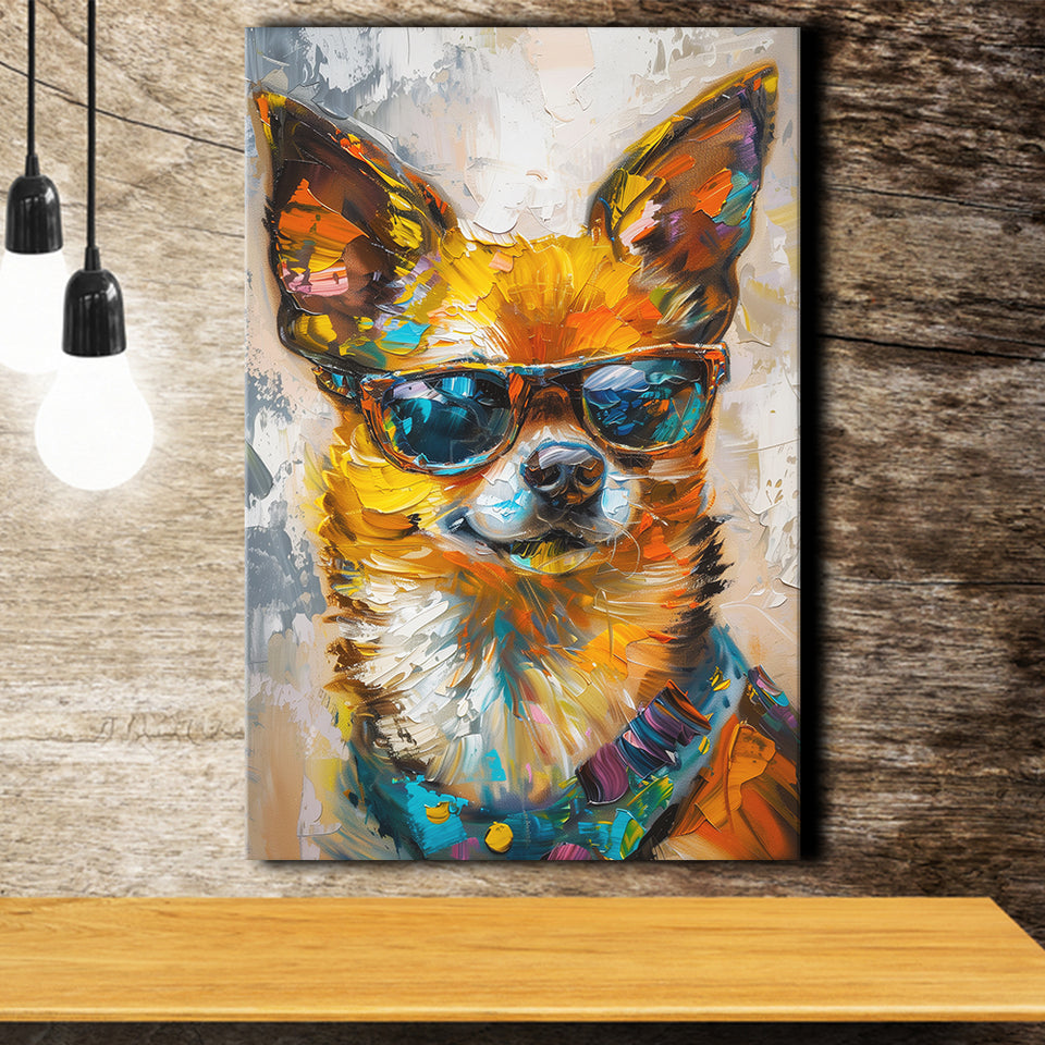 Cute Chihuahua Wearing Glasses Portrait, Pet Art Painting V4, Canvas Painting, Canvas Prints Wall Art Decor