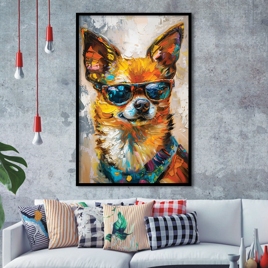 Cute Chihuahua Wearing Glasses Portrait, Pet Art Painting V4, Framed Art Print Wall Decor, Framed Picture