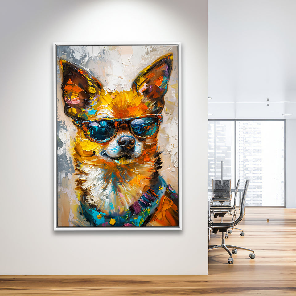 Cute Chihuahua Wearing Glasses Portrait, Pet Art Painting V4, Framed Canvas Painting, Framed Canvas Prints Wall Art Decor