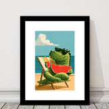 Cute Crocodile Relax Summer Time, Funny Pet Art Painting, Pet Lover Art, Framed Art Print White Border