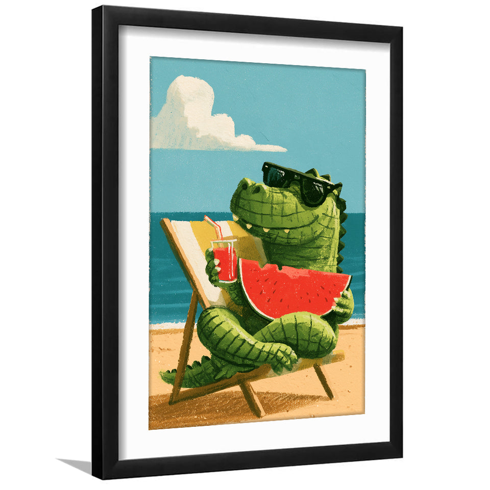Cute Crocodile Relax Summer Time, Funny Pet Art Painting, Pet Lover Art, Framed Art Print White Border