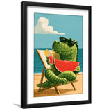 Cute Crocodile Relax Summer Time, Funny Pet Art Painting, Pet Lover Art, Framed Art Print White Border